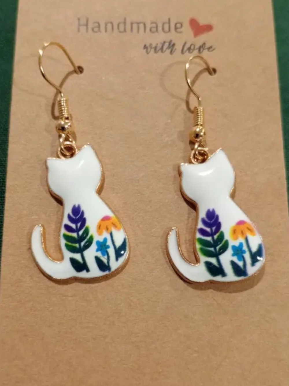 White Cat Earrings with Floral Accent - Cute Cat Jewelry